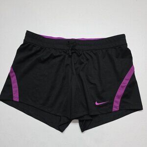 NIKE DRI-FIT Womens Black Purple Running Shorts Stretch Waist Drawstring Size LG